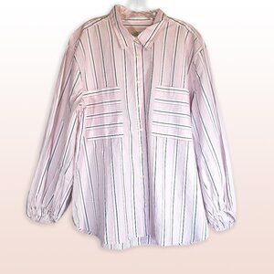 LOFT 100% Cotton Striped Poplin Blouson Sleeve Pocket Shirt Size XXL NWT